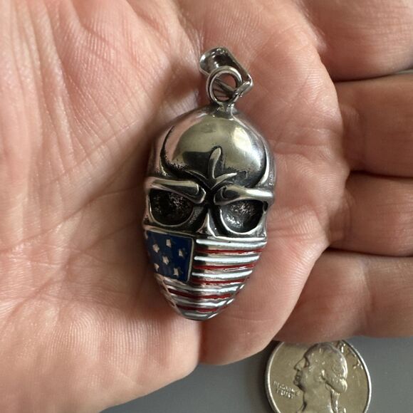 Flag Face Bandana Skull Pendant Stainless Steel on Cuban Link Chain U.S.A. - Picture 5 of 7